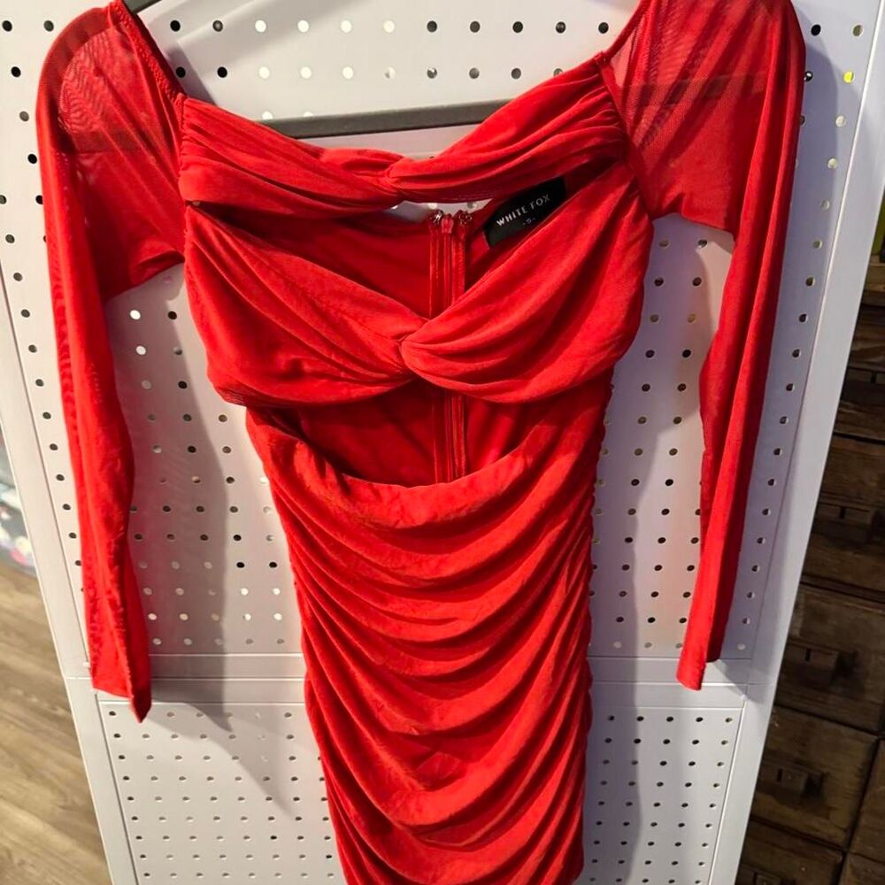 White Fox Red Ruched Mesh Cutout Long Sleeve Mini Dress XS